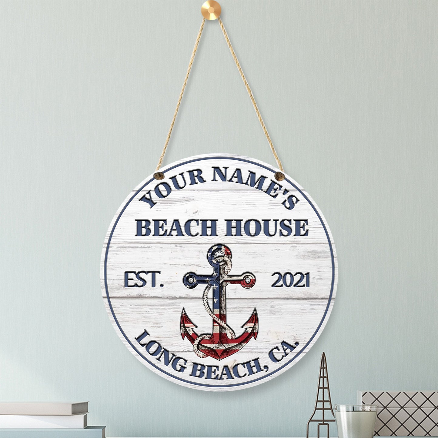 Personalized Round Wooden Anchor Beach House Sign - (Not Carved)