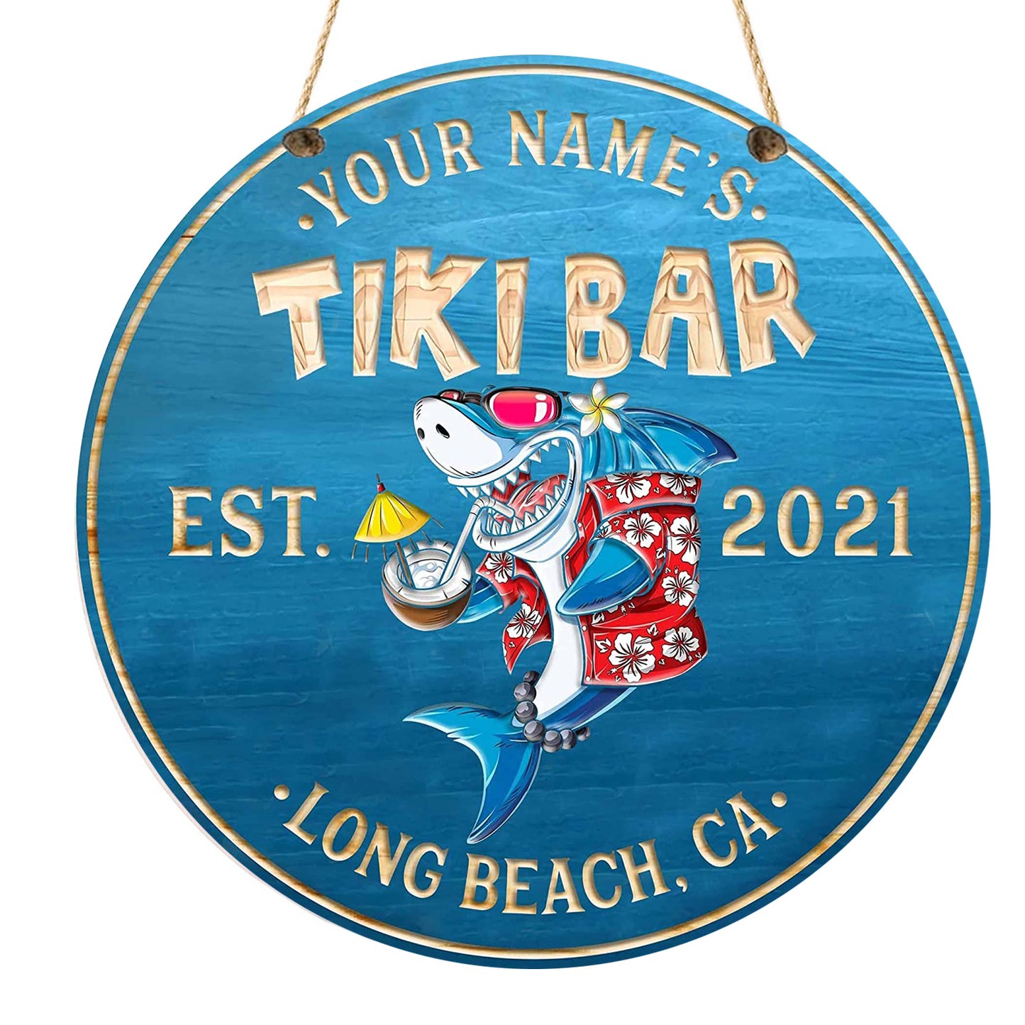 Personalized Round Wooden Shark Tiki Bar Sign - (Not Carved)
