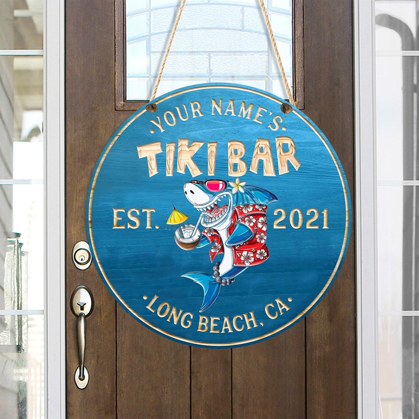 Personalized Round Wooden Shark Tiki Bar Sign - (Not Carved)