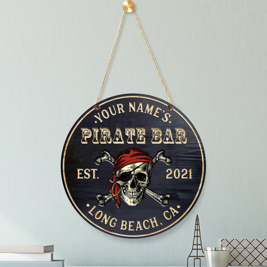 Personalized Round Wooden Pirate Bar Sign - (Not Carved)
