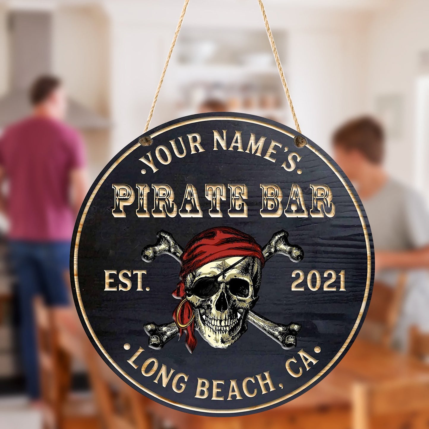 Personalized Round Wooden Pirate Bar Sign - (Not Carved)