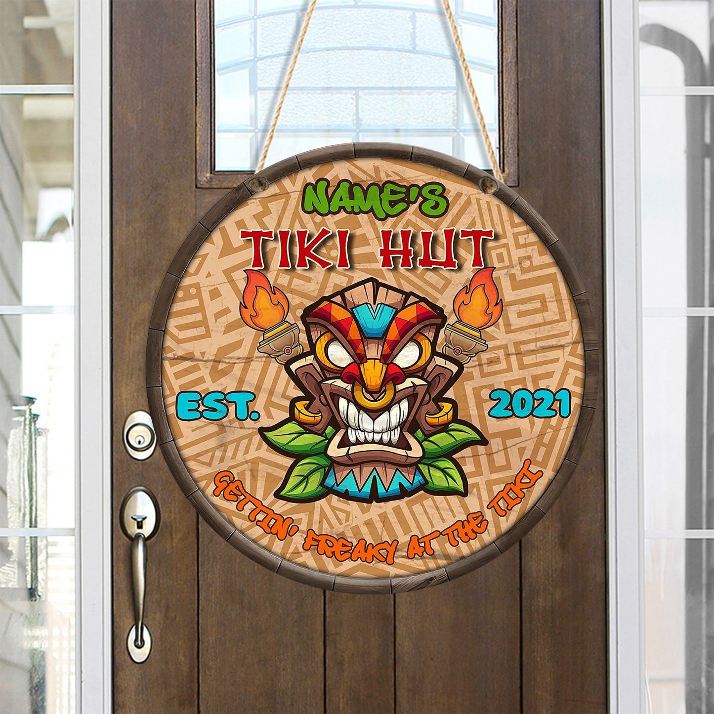 Personalized Round Wooden Tiki Hut Sign - (Not Carved)