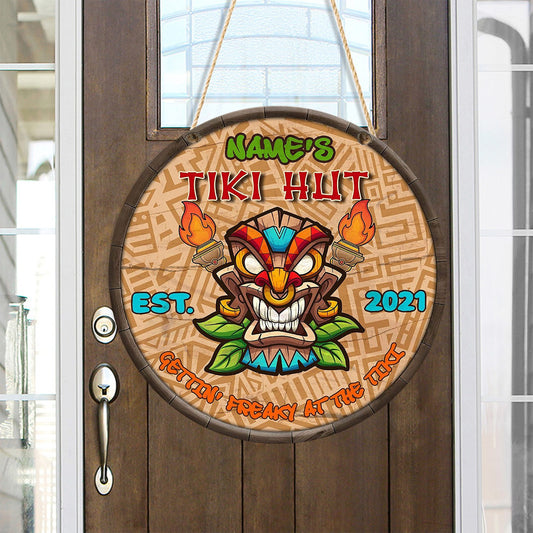 Personalized Round Wooden Tiki Hut Sign - (Not Carved)