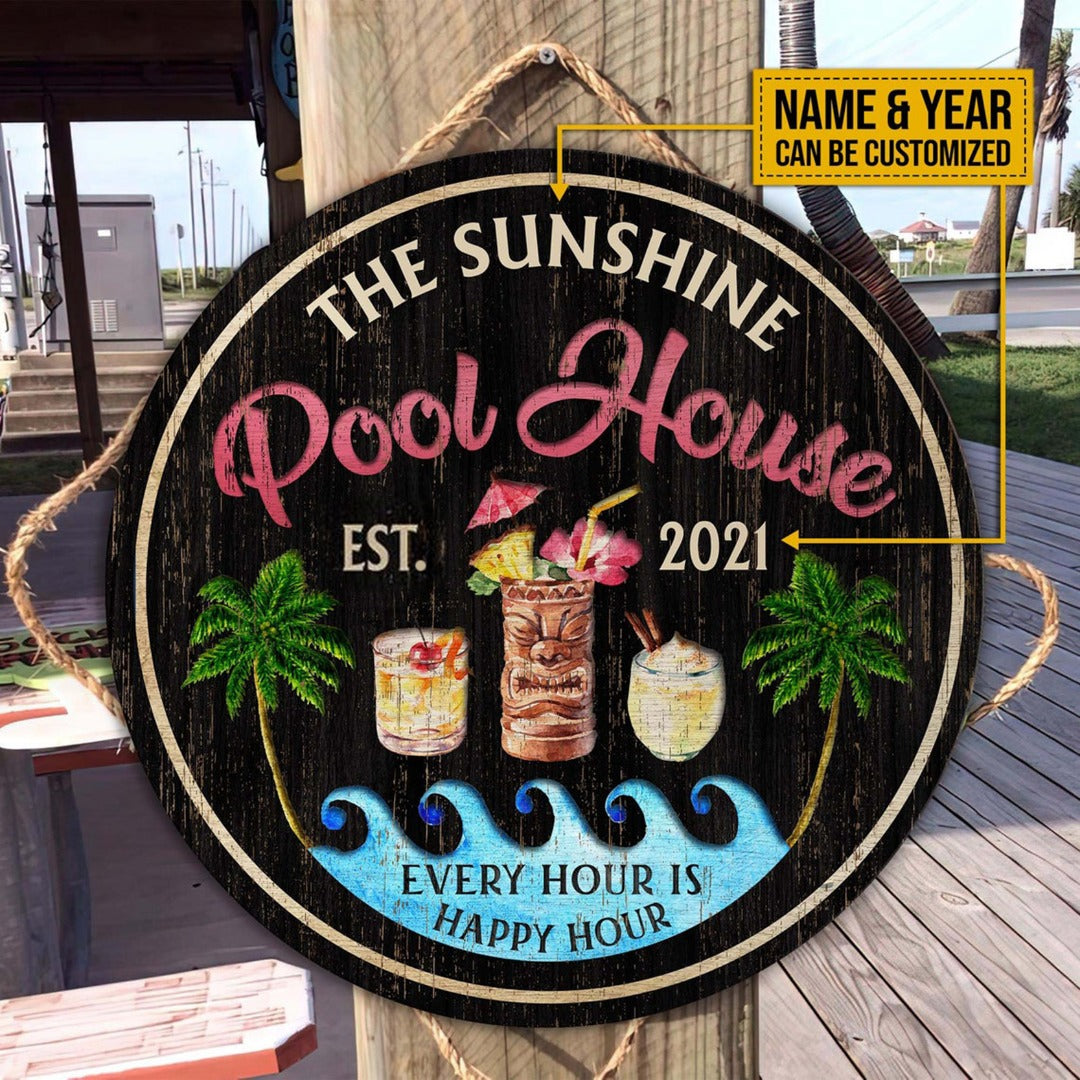 Personalized Round Wooden Pool House Sign - (Not Carved)