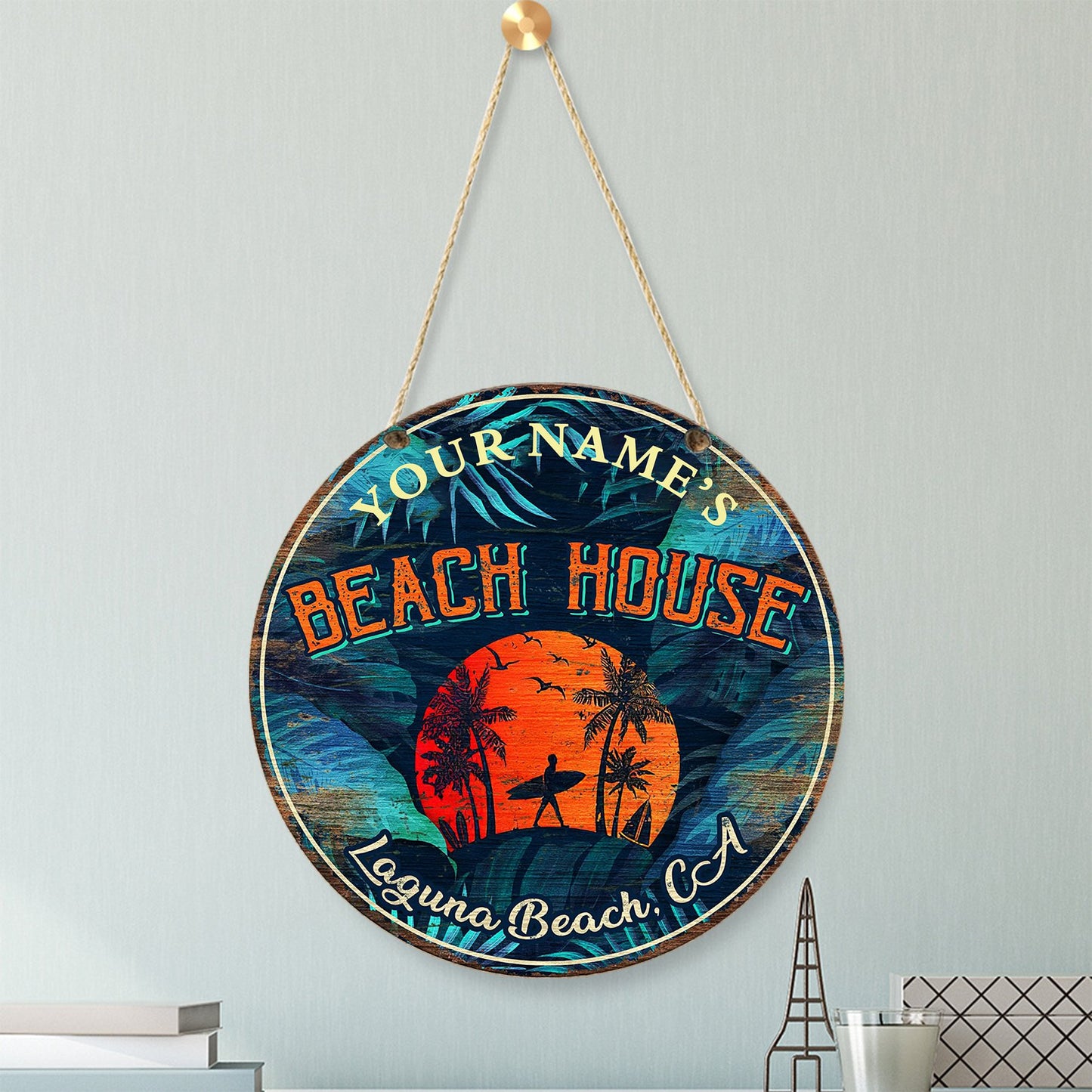 Personalized Round Wooden Beach House Sunset Sign - (Not Carved)