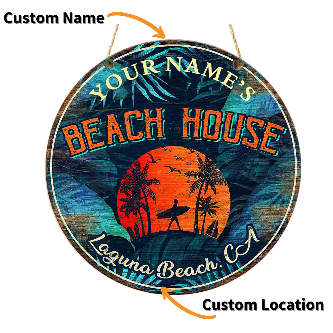 Personalized Round Wooden Beach House Sunset Sign - (Not Carved)