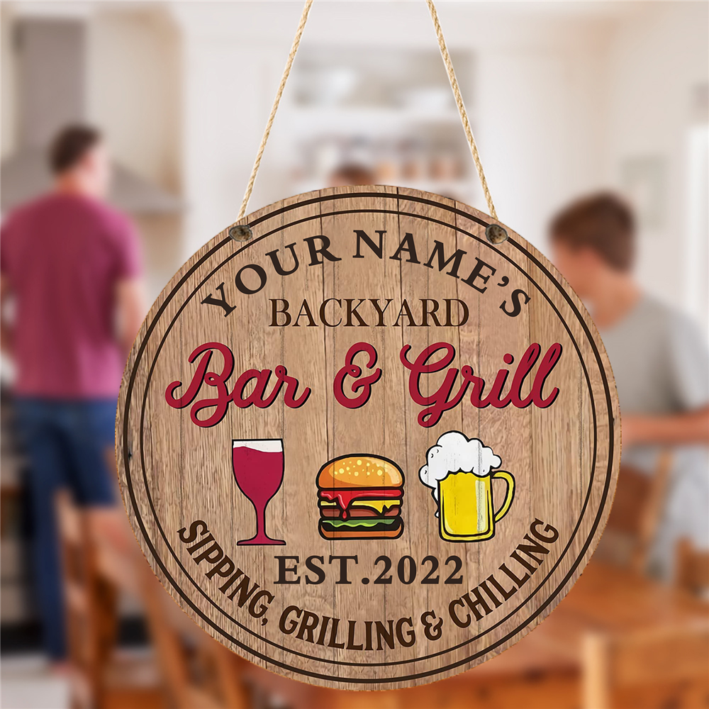 Personalized Round Wooden Backyard Bar & Grill Beer Sign - (Not Carved)