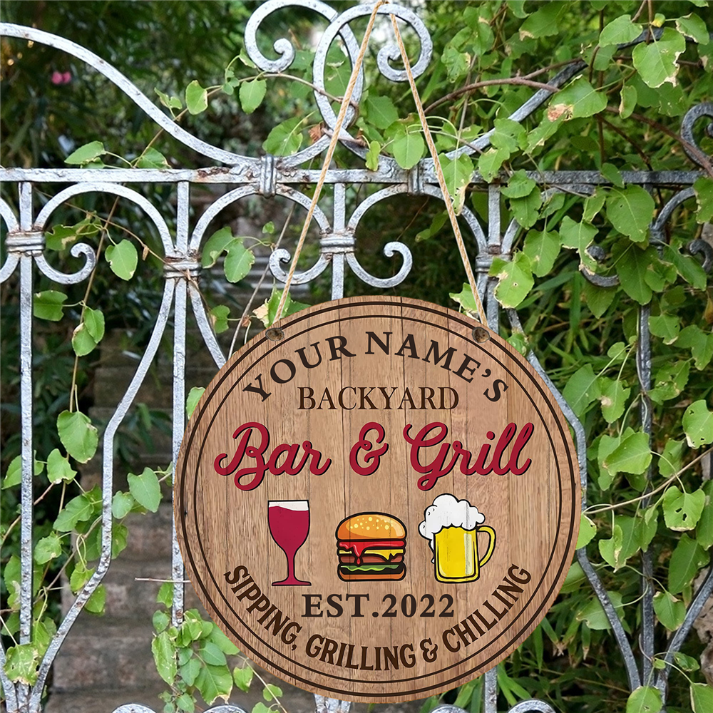 Personalized Round Wooden Backyard Bar & Grill Beer Sign - (Not Carved)