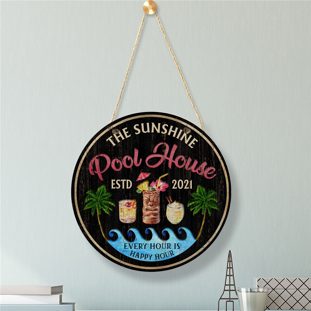 Personalized Round Wooden Pool House Sign - (Not Carved)
