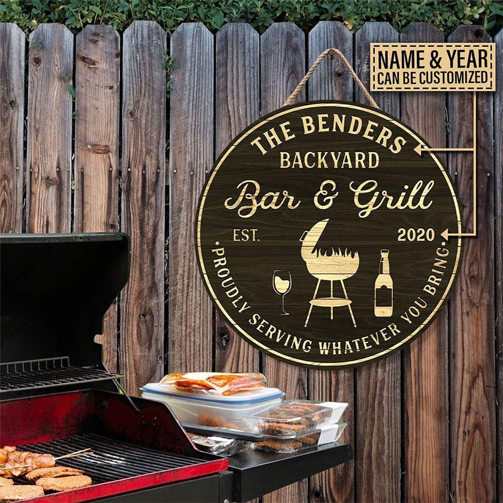 Personalized Round Wooden Backyard Bar & Grill Sign - (Not Carved)