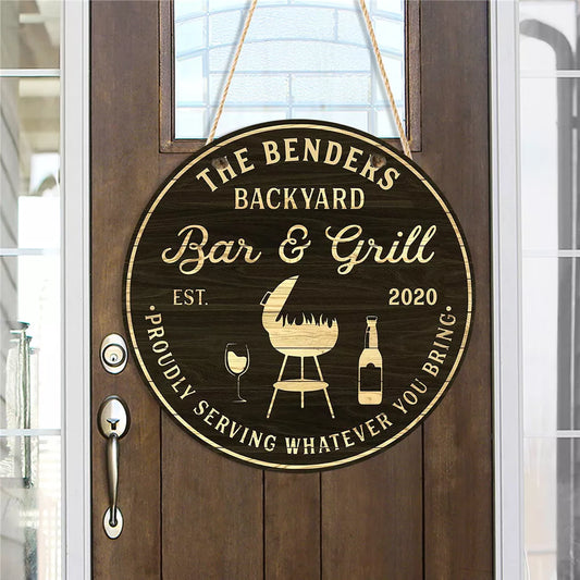Personalized Round Wooden Backyard Bar & Grill Sign - (Not Carved)