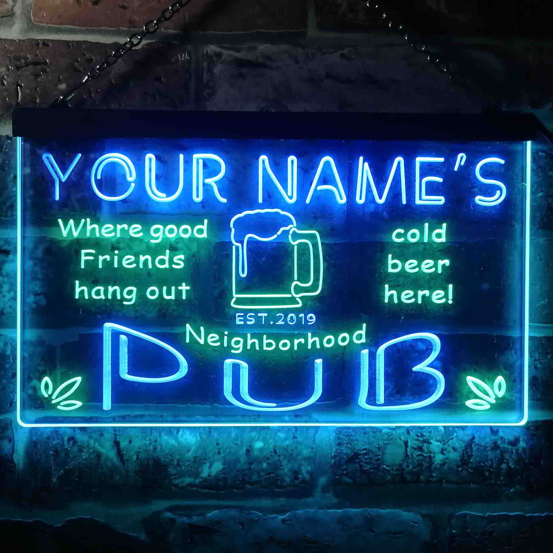 Personalized Neighborhood Pub Two Colors Home Bar LED Sign (Three Size ...