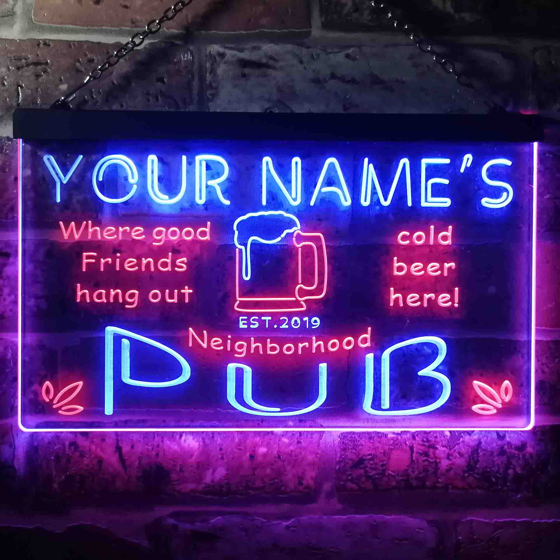 Personalized Neighborhood Pub Two Colors Home Bar LED Sign (Three Size ...